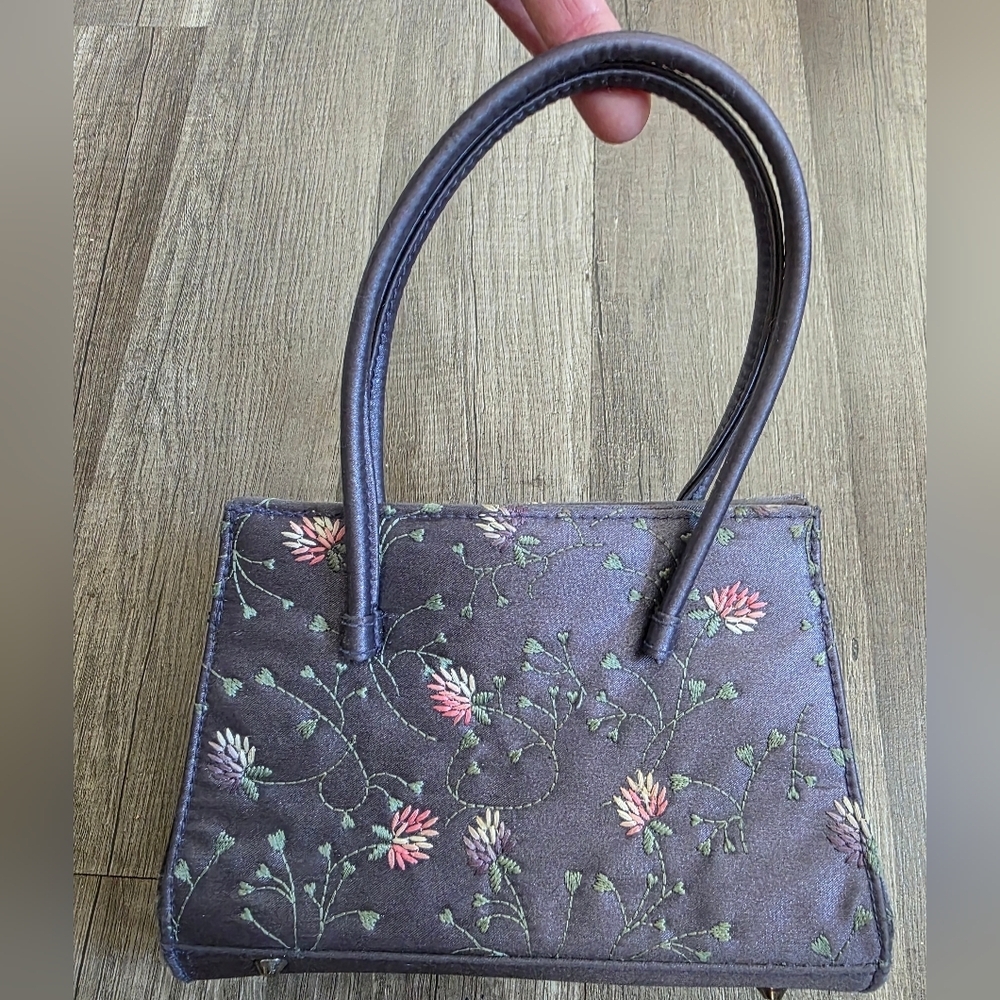 Vintage EXPRESS 2000s Satin Evening Formal Bag Purple Lilac Floral Satchel Y2k
